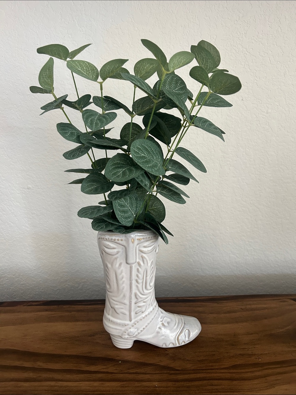 White Ceramic Cowboy Boot Vase with Green Faux Eucalyptus - Home Accents